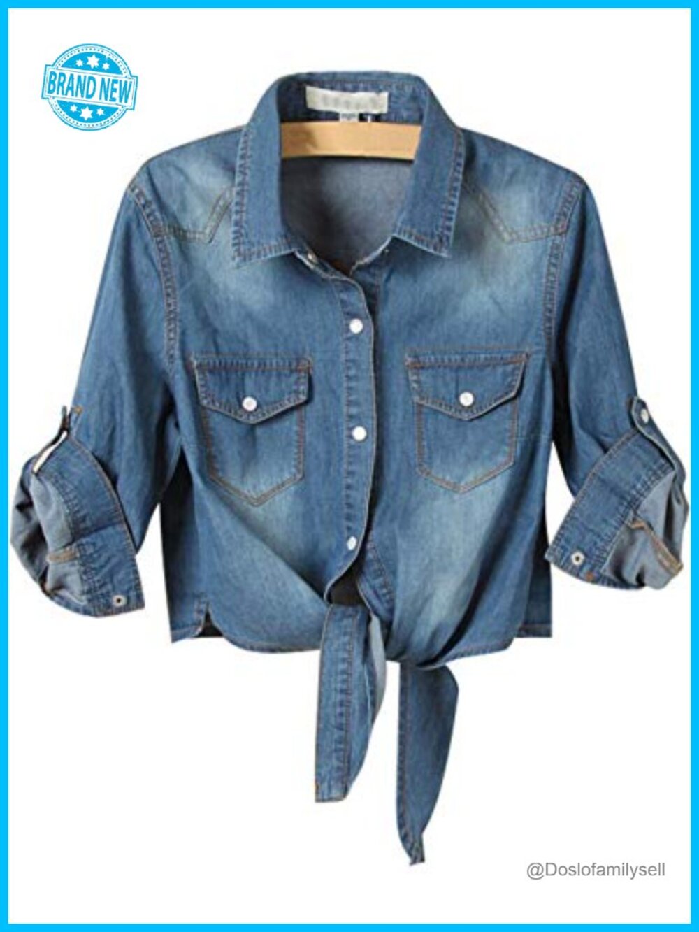 Women's Denim Button Down Crop Top 3/4 Roll Up Sleeve Tie Front Shirt